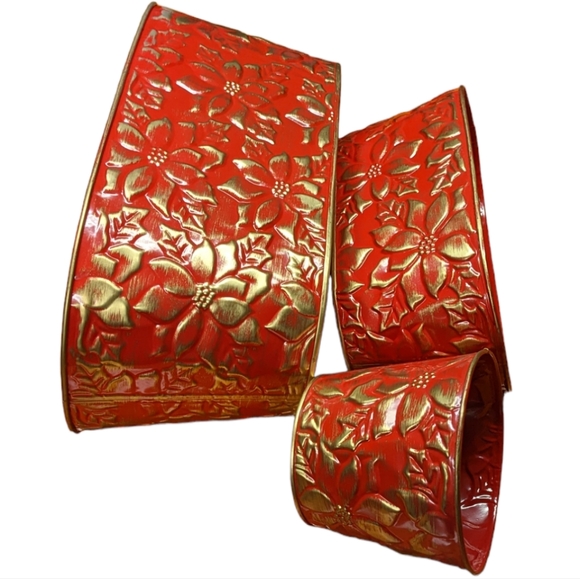 Burton & Burton Red & Gold Metal Holiday Christmas Floral Tin Planter Se… - Picture 3 of 14